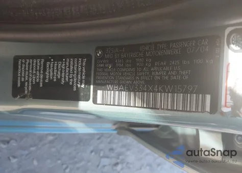 2004 BMW 325I из США, поврежденный, VIN WBAEV334X4KW15797